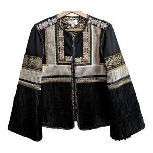 Just B black embroidered fringe jacket blazer western mixed fabric